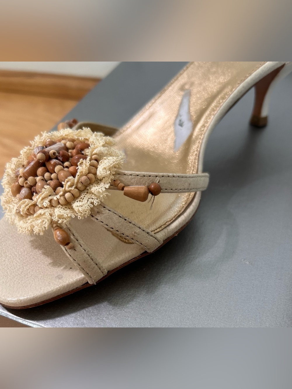 Prada Women's Cream Crochet Lace & Beaded Slide Kitten Heels | 2000s - Picture 6 of 10